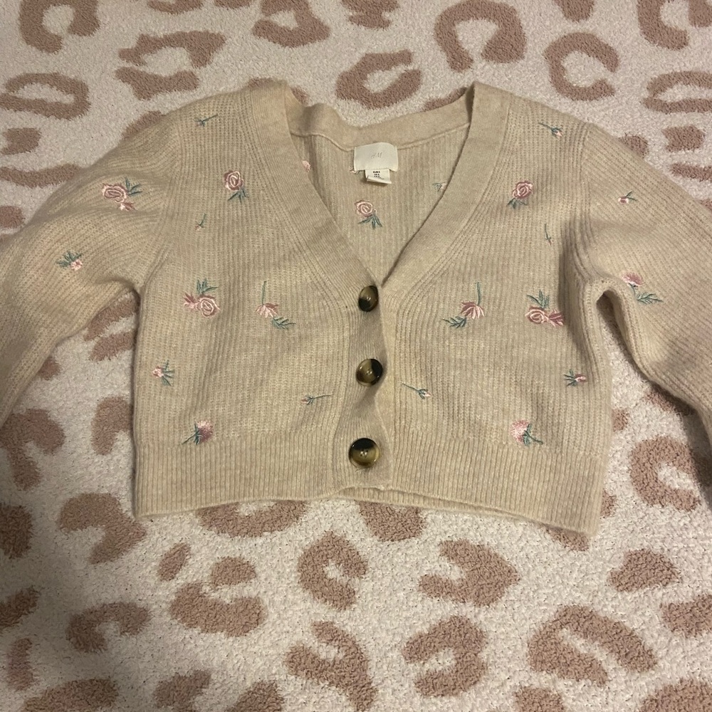 H&M Beige Floral Embroidered Cardigan